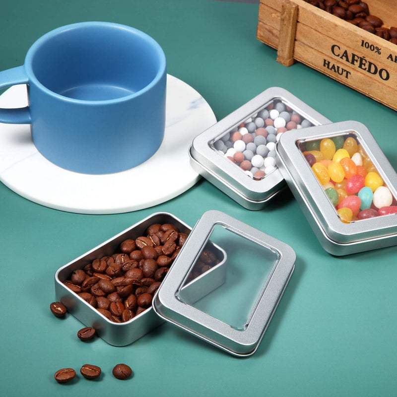 TecUnite 24 Pieces Tin Box Metal Tins with Lids Clear Top Empty Mini Portable Small Storage Tins Case for Home Candles, Candies, Gifts, Balms and Treasures, 3.4x2.4x0.8 Inch, Silver - Image 3